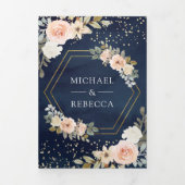 ダスティピーチフローラネイビーブルーQRコード結婚ズ 三つ折り招待状 (カバー)