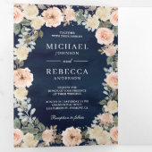 ダスティピーチフローラネイビーブルーQRコード結婚ズ 三つ折り招待状 (内部最初)