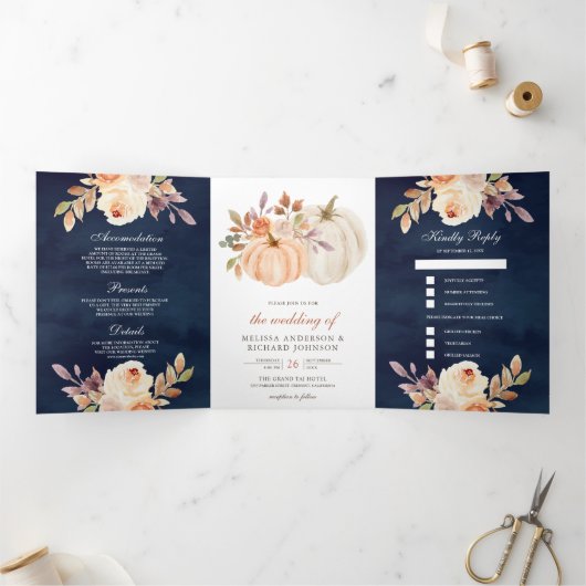 ダスティピーチフローラパンプキンネイビーブルー結婚ズ 三つ折り招待状 (内部)