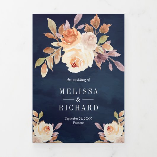 ダスティピーチフローラパンプキンネイビーブルー結婚ズ 三つ折り招待状 (カバー)