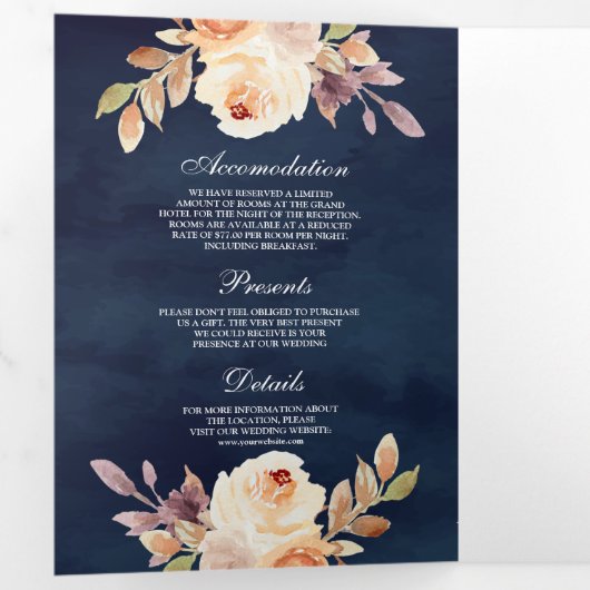 ダスティピーチフローラパンプキンネイビーブルー結婚ズ 三つ折り招待状 (内部最初)