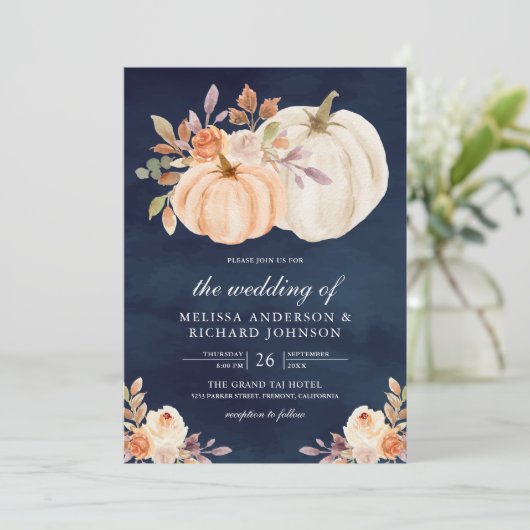 ダスティピーチフローラパンプキンネイビーブルー結婚ズ 招待状 (スタンド正面)
