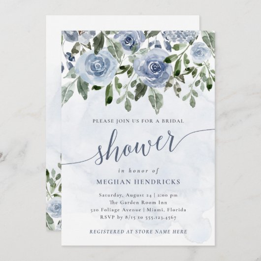 ダスティブかわいらしルーウォーターカラーフラワーズブライダルシャワー 招待状 (正面/裏面)