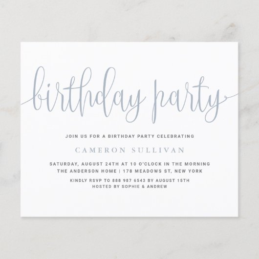 ダスティブルーかわいらし書道誕生日招待状 (正面)