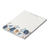 ダスティブルーとオレンジの花の水彩画と名前 ノートパッド (回転)