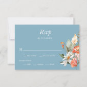 ダスティブルーとコーラルピンクフローラ結婚式RSVPカード 招待状 (正面)