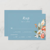 ダスティブルーとコーラルピンクフローラ結婚式RSVPカード 招待状 (正面/裏面)
