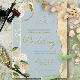 ダスティブルーとゴールドのラスティックボヘミアン フラワー ウェディング 招待状