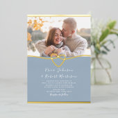 ダスティブルーとゴールドの写真付き結婚式招待状 箔招待状 (立ち正面)