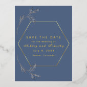 ダスティブルーとゴールドフォイル日付ポストカードを保存 箔招待状ポストカード (正面)