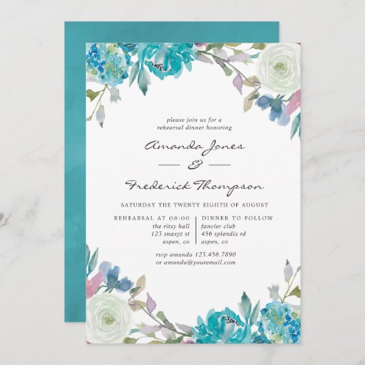 ダスティブルーとターコイズフローラリハーサルディナー 招待状 (正面/裏面)