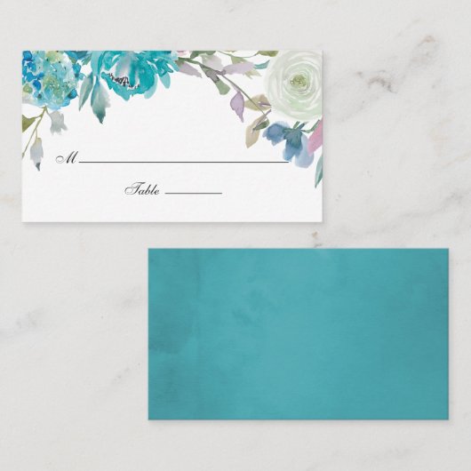 ダスティブルーとターコイズ結婚フローラ プレイスカード (正面/裏面)