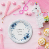 ダスティブルーとネイビーの水色のフローラ結婚ズ ペーパープレート (パーティー)