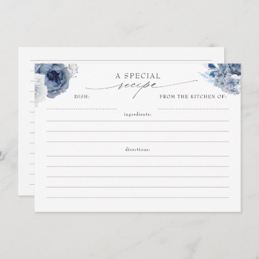 ダスティブルーとネイビーエレガントフローラレシピカード エンクロージャーカード (正面/裏面)