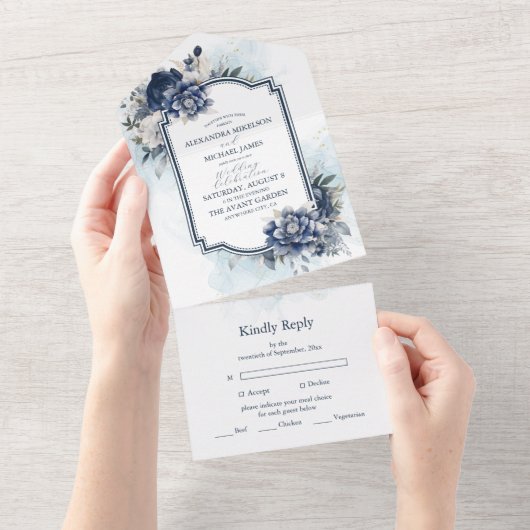 ダスティブルーとネイビーフローラエレガントな結婚式 オールインワン招待状 (貼ってはがせる)