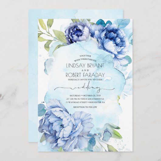 ダスティブルーとネイビーブルーフローラボー結婚ホズ 招待状 (正面/裏面)
