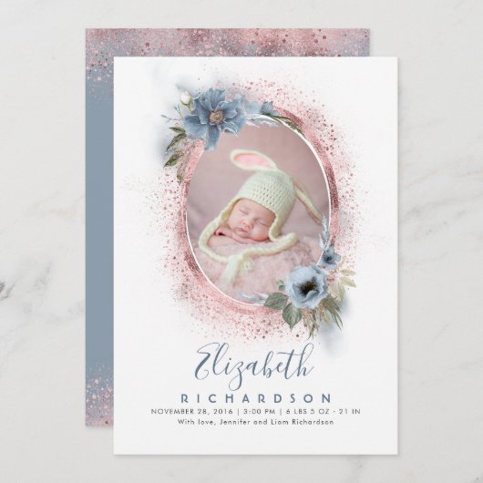 ダスティブルーとバラ金ゴールドフォトベビー誕生 案内状 (正面/裏面)