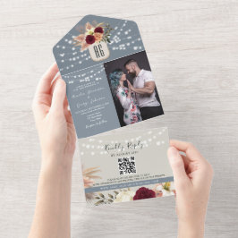 ダスティブルーとバーガンディの結婚式QRコード オールインワン招待状