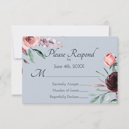 ダスティブルーとバーガンディフローラウェディングRSVP 出欠カード (正面)