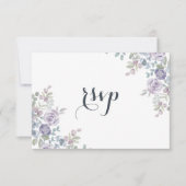ダスティブルーとパープルのフラワースタイルの結婚式RSVP 出欠カード (正面)