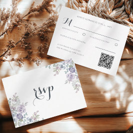 ダスティブルーとパープルのフラワースタイルの結婚式RSVP 出欠カード