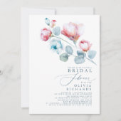 ダスティブルーとピンクのフローラエレガントブライダルシャワー 招待状 (正面)