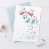ダスティブルーとピンクのフローラエレガントブライダルシャワー 招待状