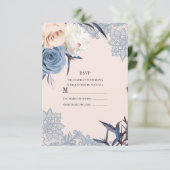 ダスティブルーとピーチのフローラルレースの結婚式RSVP返信 招待状 (スタンド正面)