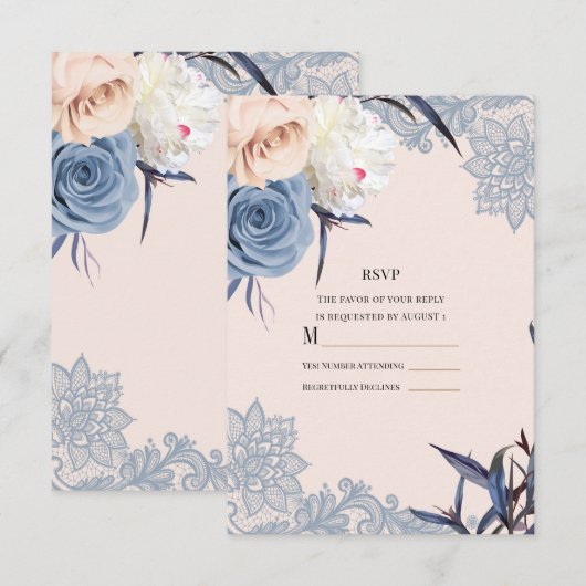 ダスティブルーとピーチのフローラルレースの結婚式RSVP返信 招待状 (正面/裏面)