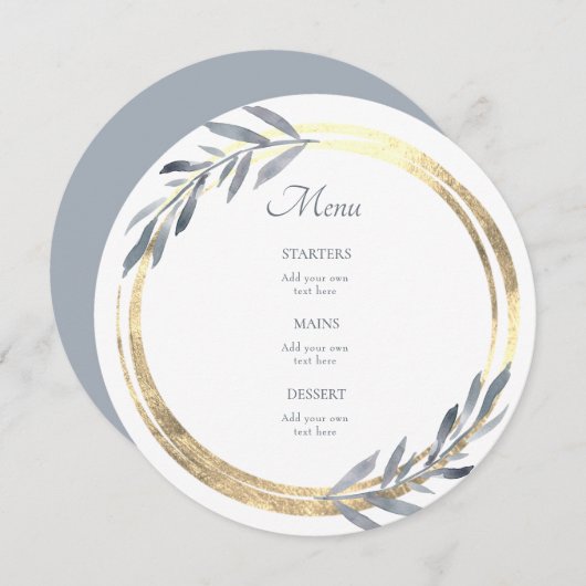 ダスティブルーとフェイクゴールドのエレガントなメニュー メニュー (正面/裏面)
