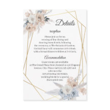ダスティブルーとベージュの花柄 ゴールドの結婚式ディテールカード
