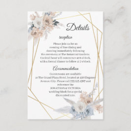 ダスティブルーとベージュの花柄 ゴールドの結婚式ディテールカード エンクロージャーカード