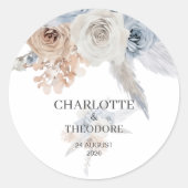 ダスティブルーとベージュの花柄 ゴールドの結婚式用封筒シール ラウンドシール (正面)