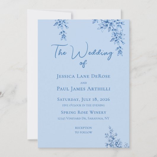 ダスティブルーとホワイトのフラワーモチーフの結婚式招待状 招待状 (正面)