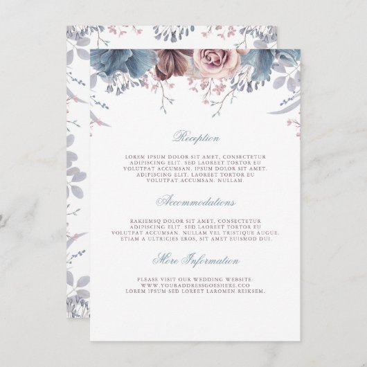 ダスティブルーとマウヴ結婚のインフォメーションゲスト エンクロージャーカード (正面/裏面)