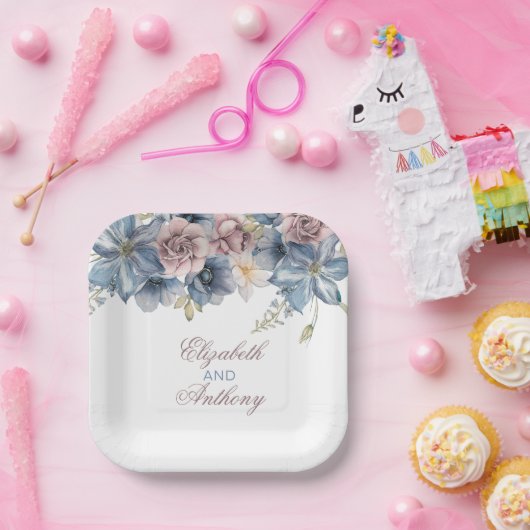 ダスティブルーとメイヴの水の色のフローラ結婚 ペーパープレート (パーティー)