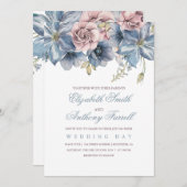 ダスティブルーとメイヴの水の色のフローラ結婚 招待状 (正面/裏面)