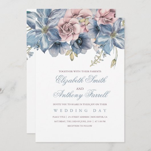 ダスティブルーとメイヴの水の色のフローラ結婚 招待状 (正面/裏面)