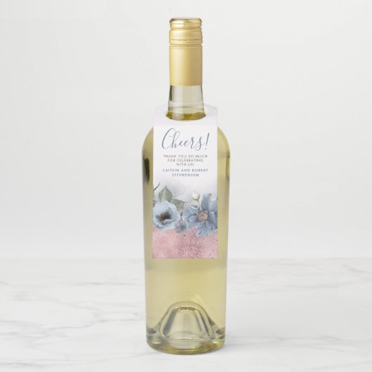 ダスティブルーとローズゴールドグリッターのモダンウェディング ボトルネックタグ (ボトル)