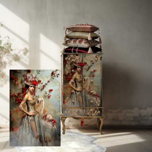 ダスティブルーと赤い花柄、肖像画アートとフラミンゴ 薄葉紙
