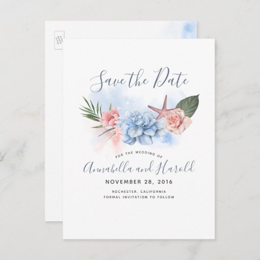 ダスティブルーと赤面ビーチ日付の保存 案内ポストカード (正面/裏面)