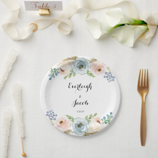 ダスティブルーと赤面ピンク結婚ズ ペーパープレート (ウェディング)