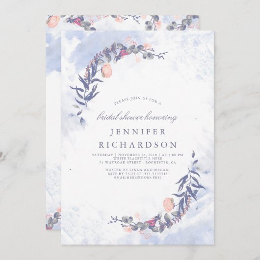 ダスティブルーと赤面フローラブライダルシャワー 招待状 (正面/裏面)