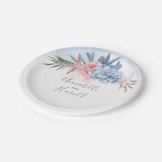 ダスティブルーと赤面先ビーチ結婚式 ペーパープレート (アングル)