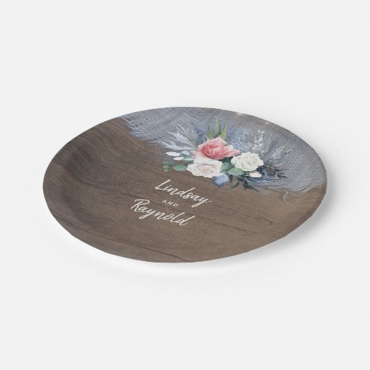 ダスティブルーと赤面素朴カントリーウェディング ペーパープレート (アングル)