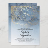 ダスティブルーと金ゴールドエレガントな誕生日パーティー 招待状 (正面/裏面)