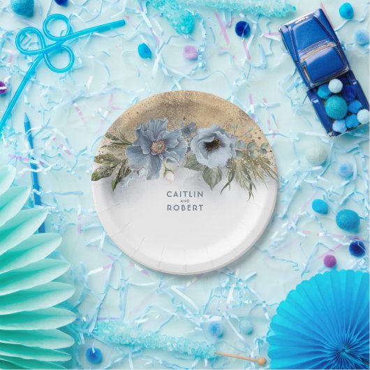 ダスティブルーと金ゴールドエレガントグリッターモダン ペーパープレート (パーティー)