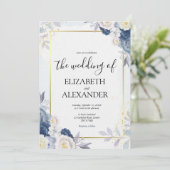 ダスティブルーと金ゴールドエレガントフローラ素朴結婚の 招待状 (スタンド正面)