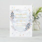 ダスティブルーと金ゴールドブルーベリー日付カードを保存 招待状 (スタンド正面)