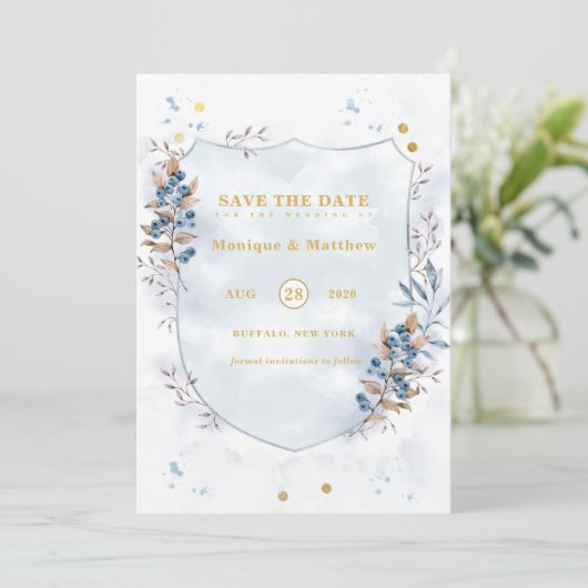 ダスティブルーと金ゴールドブルーベリー日付カードを保存 招待状 (スタンド正面)